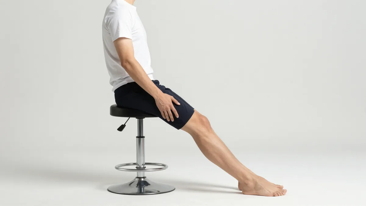 Correct saddle stool posture with thighs sloping at 45 degrees and feet flat