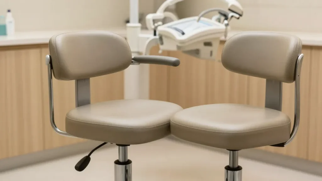 Premium contoured saddle stool with gel cushioning in a dental operatory