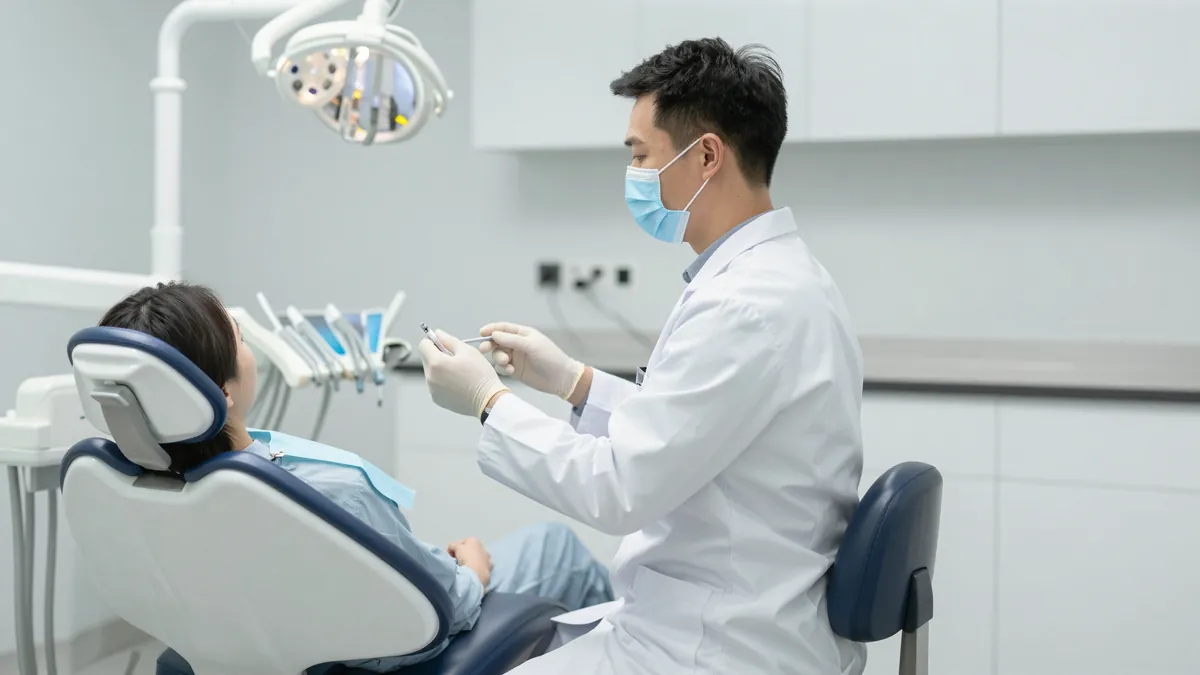 Dentist demonstrating neutral working posture on a saddle stool