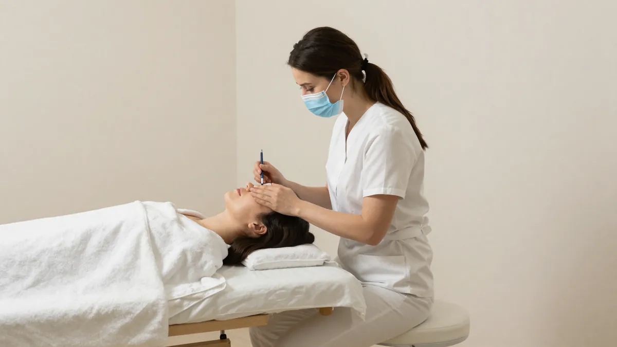Esthetician on a saddle stool working over a treatment bed