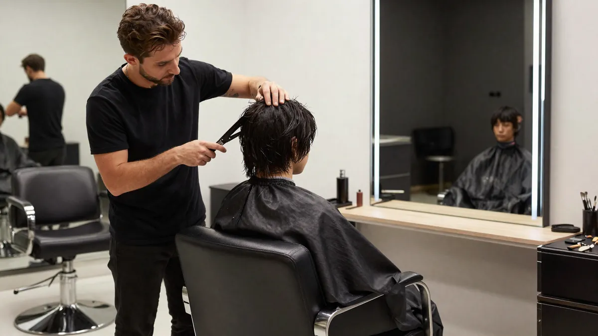 Hairstylist cutting hair while seated on a saddle stool