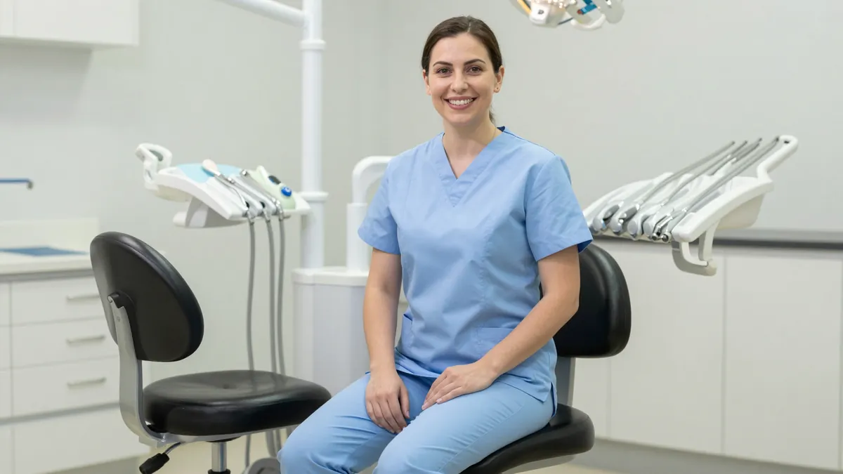 Dental hygienist sitting upright on an ergonomic saddle stool