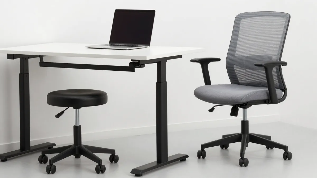 Saddle stool and ergonomic office chair side by side at a standing desk