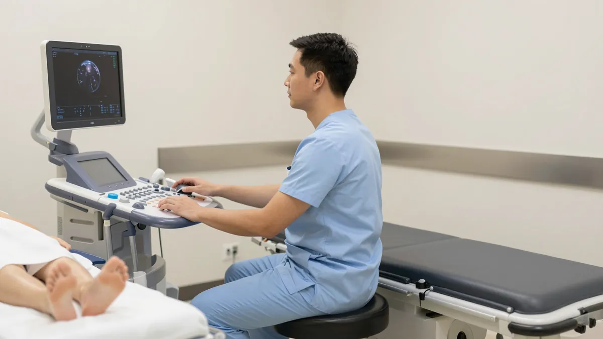 Sonographer performing an ultrasound exam from a saddle stool