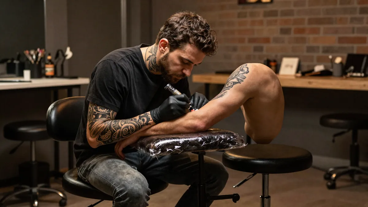 Tattoo artist working from a saddle stool in a studio