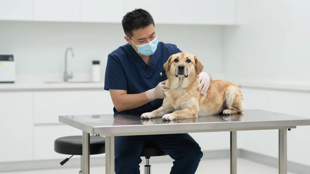 Veterinarian on a saddle stool examining a dog