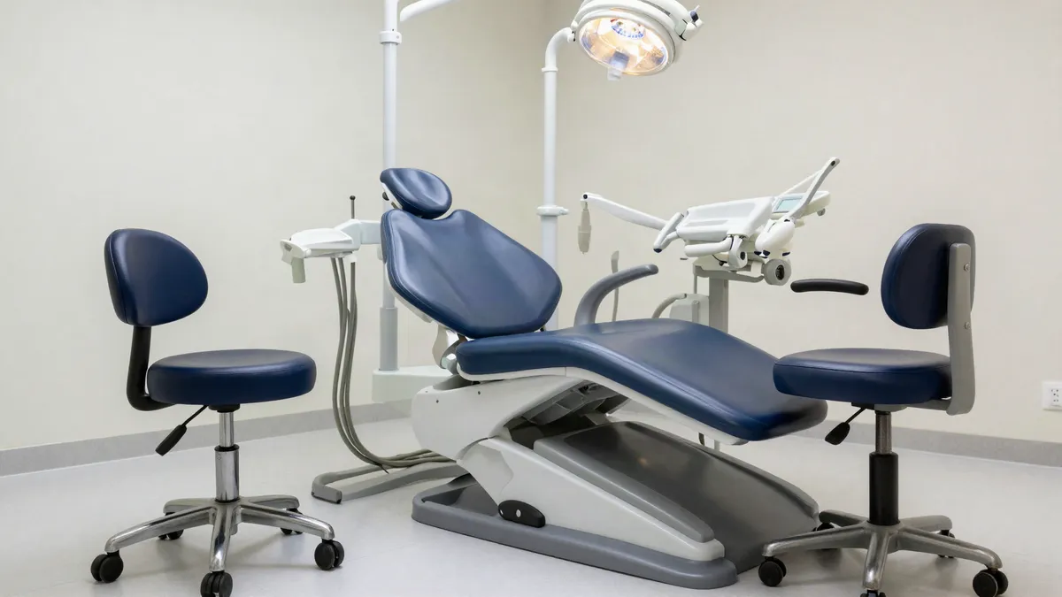 Dental operator stools with backrests beside a dental patient chair