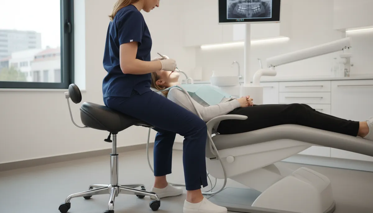 Dental hygienist seated on a saddle stool with backrest while treating a patient