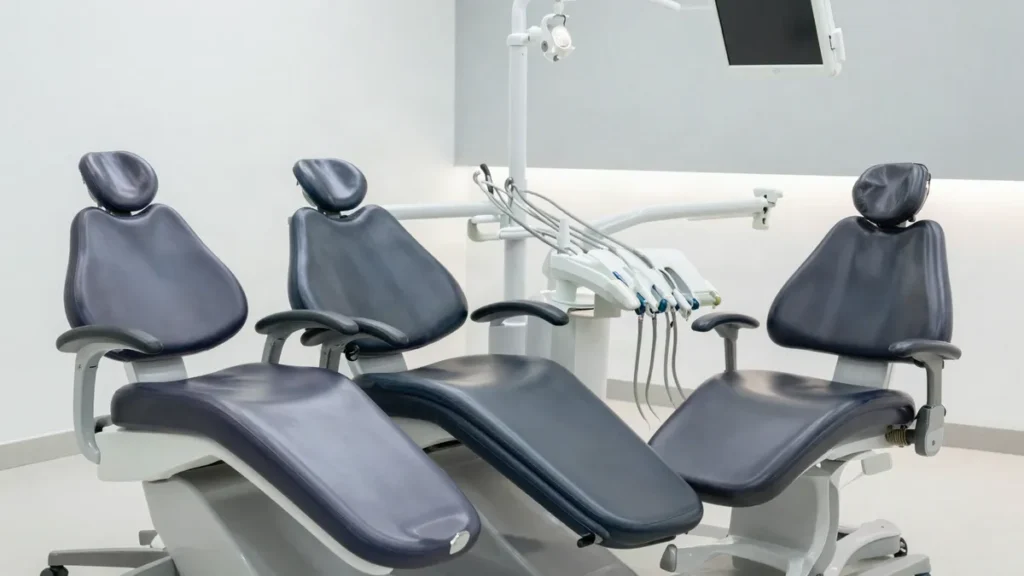 Three modern dental patient chairs in a dental equipment showroom