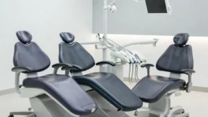Three modern dental patient chairs in a dental equipment showroom