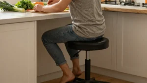 Person sitting on a rolling stool while preparing food at a kitchen counter