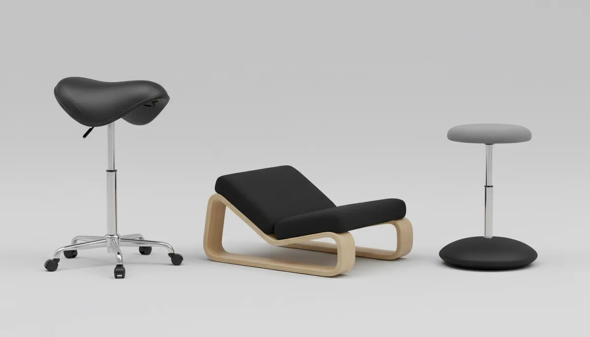 Saddle stool, kneeling chair and wobble stool side by side