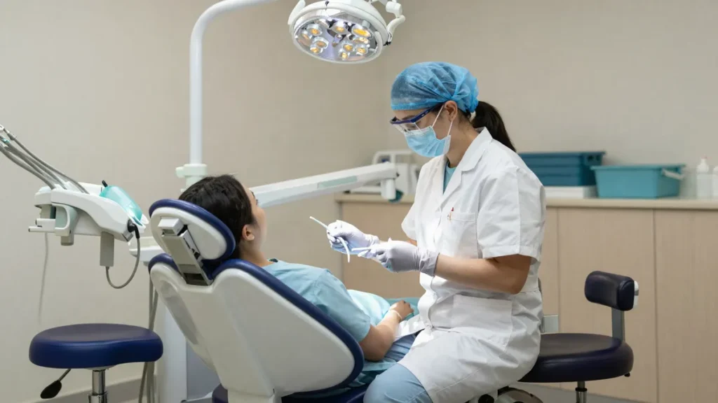 Dental clinician seated at the dental chair treating a patient