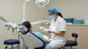 Dental clinician seated at the dental chair treating a patient